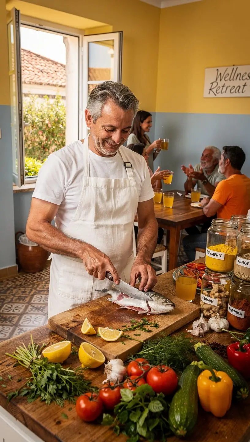 Grupo de pessoas treinando em uma aula de yoga ao amanhecer na praia.