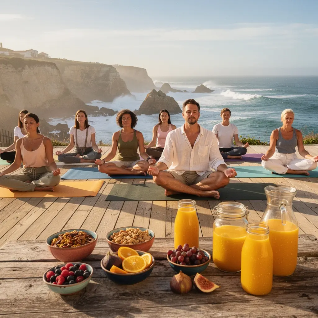 Chá de cúrcuma em uma xícara ao lado de frutas frescas e nozes.